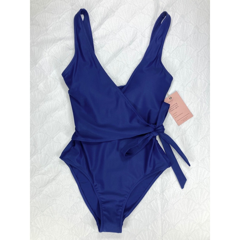 Quince Italian Wrap Front One Piece Swimsuit Women 4 Navy Blue V-Neck Beach NWT